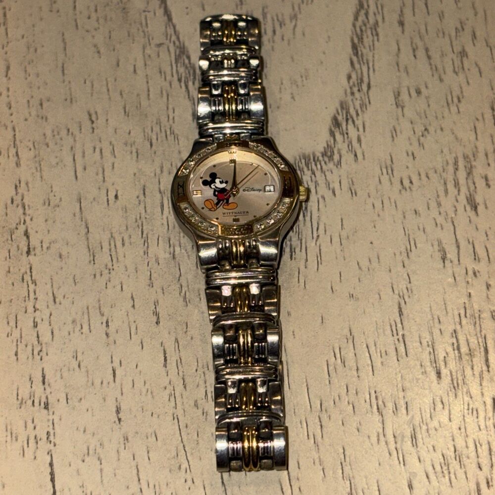 RARE Wittnauer 16 Diamond bezel Mickey Mouse two tone all stainless date watch